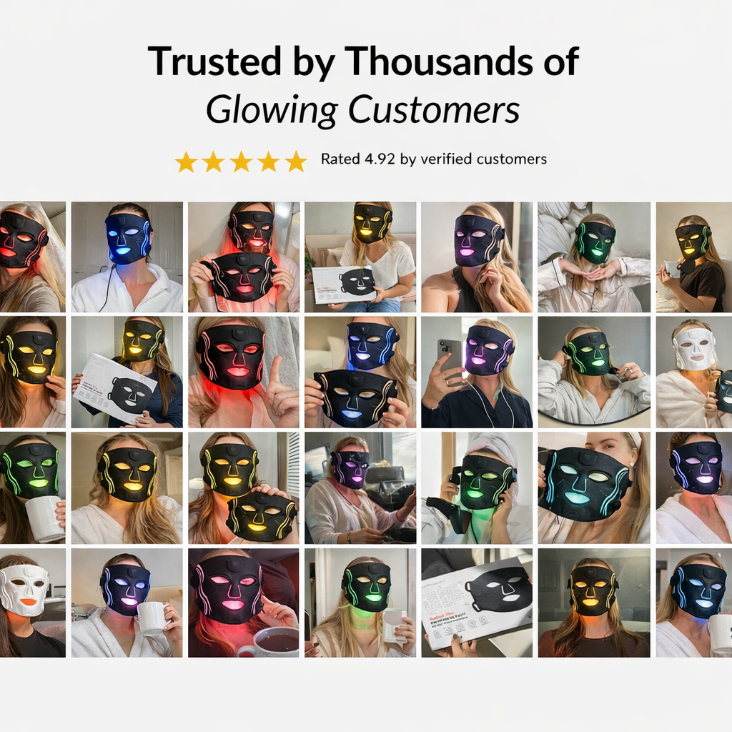 Collage of people wearing LED face masks with a rating text overlay.